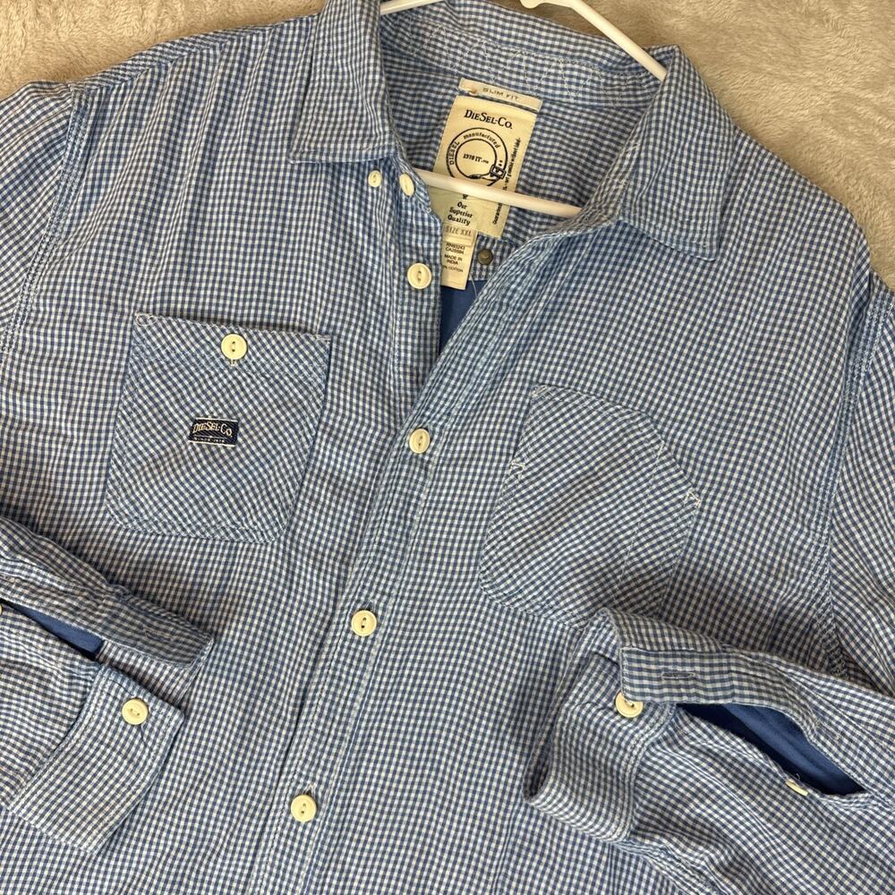 Diesel Shirt Mens Xxl Blue Check Long Sleeve Button Slim Fit Casual Heritage